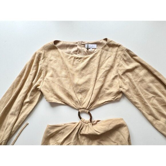 L'ACADEMIE Alora Tan Linen Blend Cut Out w/ Buckle Mini Dress, Size L - Picture 5 of 11